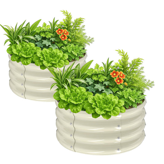 VINGLI 2 PCS Galvanized Raised Garden Beds Outdoor, 2x2x1ft Round Raised Planter Boxes Outdoor, Metal Raised Garden Bed for Vegetables (White)