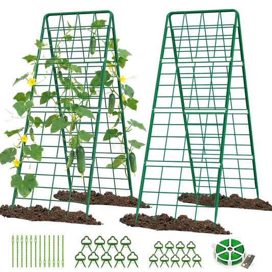 UrGROWA 2 Pack Cucumber Trellis, 59" High Foldable A-Frame Garden Trellis for Raised Bed Garden Grow Support with Plant Support Clips Ties for Cucumber,Tomato, Climbing Plants and Flowers