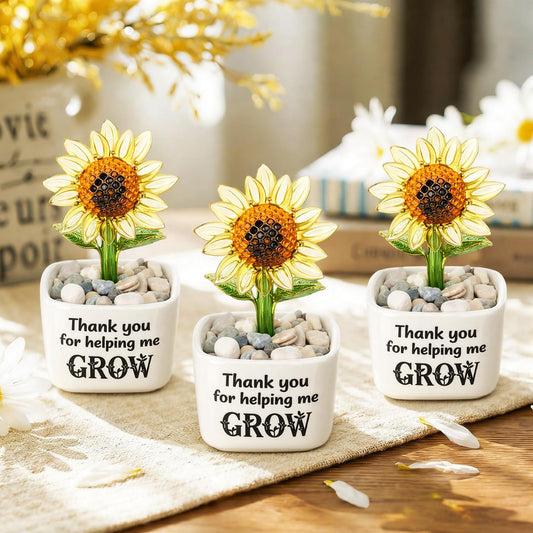 Remerry 3 Pcs Teacher Appreciation Week Gift End of Year Glass Pot Thank You for Helping Me Grow Figurine Glass Sunflower Figurine Bulk Inspirational Plant Pot for Teacher Table Decor