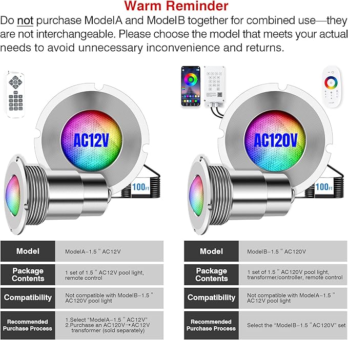 1.5 Inch LED RGBW Multicolor Inground Pool Light and Spa Light, IP68 Waterproof, AC 120V, 100ft Cable with Controller, APP & Remote Control