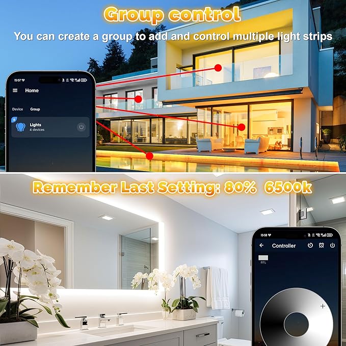 Outdoor LED Strip Lights Waterproof IP67, Dimmable 3000K-6500K Warm White LED Rope Lights Outdoor Waterproof with Remote & APP, 24v Adhesive Exterior Lighting for Patio, Deck, Gazebo (100FT)