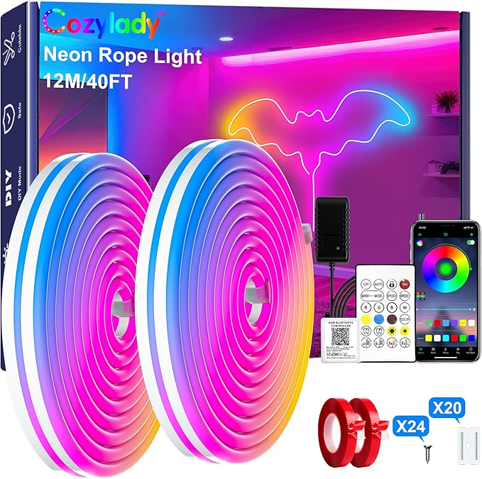 Cozylady 40Ft (20Ft *2 Rolls) RGB LED Neon Rope Lights for Bedroom, 12m LED Strip Lamp with Double Sided Adhesive Tape, App/Remote Control DIY Lights Decorate The Outdoor and Indoor of Your Home