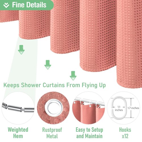 Dynamene Extra Long Shower Curtain - 84 Inch Long Waffle Weave Heavy Duty Fabric Bathroom Shower Curtain, Neutral Weighted Hotel Thick Bath Curtain Set with 12 Plastic Hooks,72x84, Coral