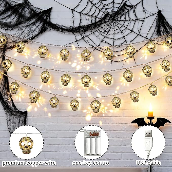 Halloween String Lights,15FT 30 LED Fairy Decor Lights USB & Battery Operated (Not Included) Cute Skull String Lights 2 Modes Waterproof Fall Light Decoration for 2025 Indoor Outdoor Home Party Garden