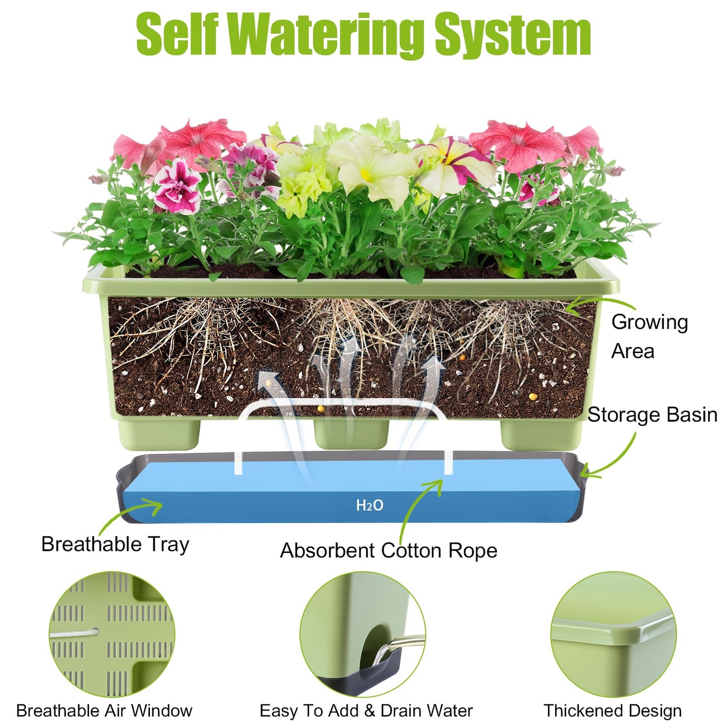 Oliz Window Box Planter 8 Pcs, 17 Inches Rectangle Flower Pots with Drainage Holes & Trays, Vegetable Planters for Windowsill Patio Garden Balcony Home Indoor Outdoor (Light Green, 16 * 7 * 6 inch)