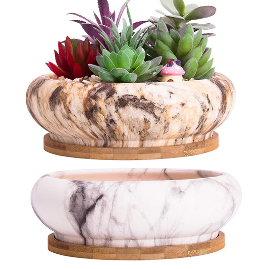 ARTKETTY Succulent Pots - 7.3 Inch Ceramic Bonsai Pots with Trays Set of 2, Large Succulent Plant Pots with Drainage Shallow Planters for Indoor Plants Marble Cactus Flower Plant Container Bowl