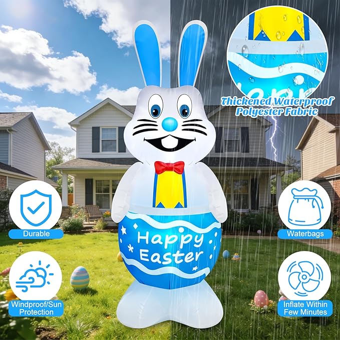 MICOCAH 5FT Tall Easter Inflatable Bunny Outdoor Decoration, Standing Cute Blow Up Blue Rabbit Yard Decoration with Colorful LED Lights, Spring Blowups for Lawn, Garden, Patio, Holiday, Party