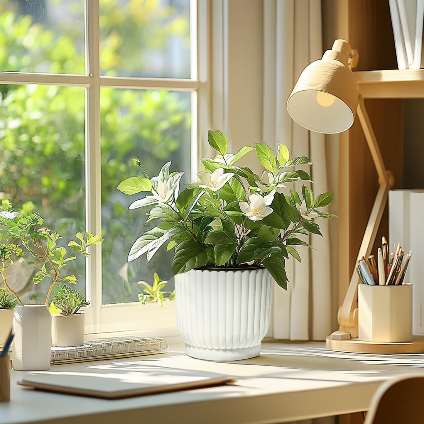 T4U 7 Inch Self Watering Pots for Indoor Plants, 4 Pack Plant Pots, Self Watering Planter for Indoor Plants, Durable Plastic Pots (4 Pack, 7", White)