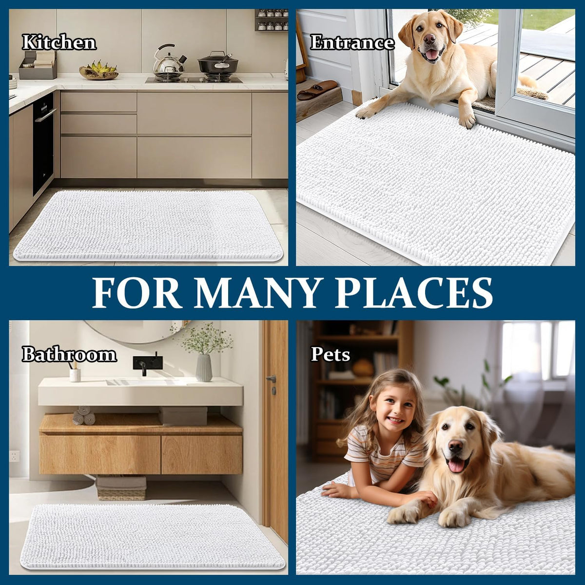 OLANLY Dog Door Mat - Absorbent Non-Slip Chenille Mat for Muddy Paws | 54x32, Quick Dry, White
