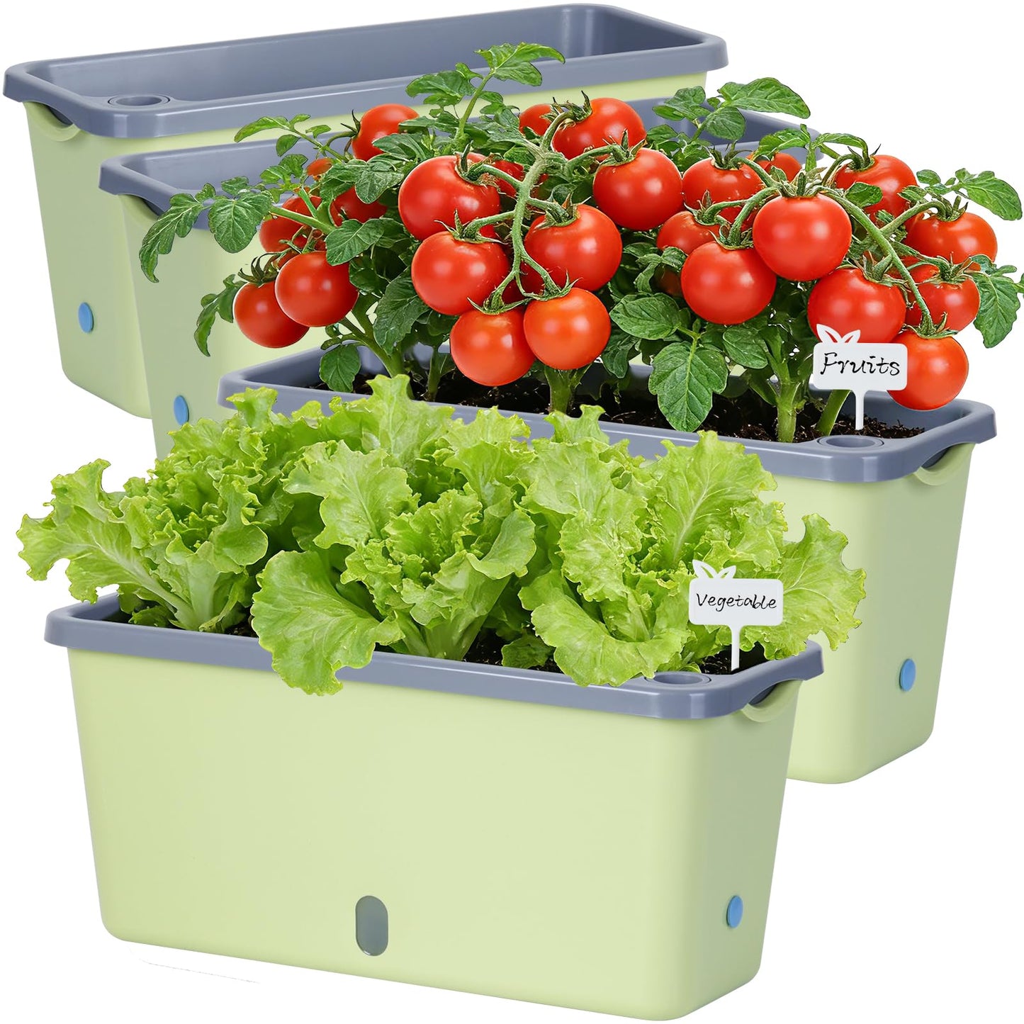 Oliz Window Box Planter 4 Packs, 14 Inches Rectangle Flower Pots with Breathable Drainage Holes, Pots for Vegetables, Herbs, Flowers, Garden Windowsill Balcony (Green & Grey)