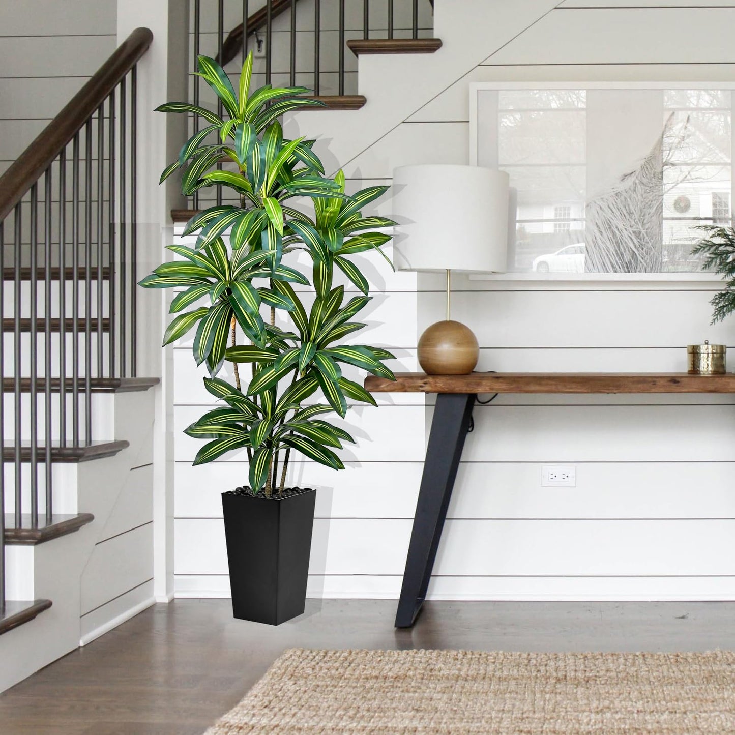 Artificial Dracaena Tree 6FT Tall Fake Plant with White Planter - Realistic Faux Dragon Tree with Tall Planter - Indoor Floor Plant for Home, Office,Mall, Living Room, Bedroom Decor