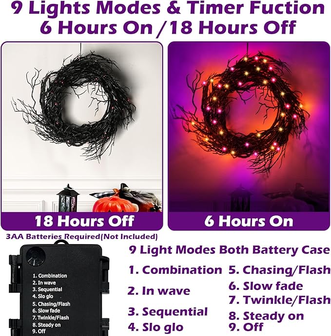 [ 8 Modes & Timer ] 6 Ft 45 LED Halloween Willow Vine Twig Garland Decorations Orange & Purple Lights, Battery Operated Waterproof Halloween Decorations for Home Wall Fireplace Mantle Decor