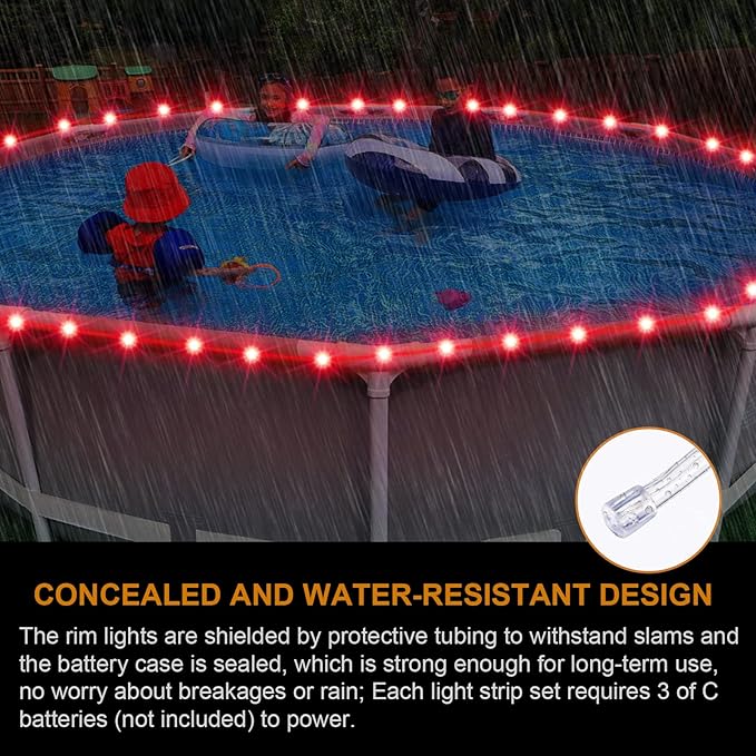 Remote Control LED Pool Lights for Above Ground Pools, 18Ft Submersible LED Rim Lights, C Battery Box, 16 Color Changing at Night, Waterproof