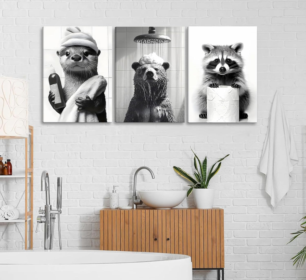 Regine Switzerland 3-Pc Framed Black & White Animal Bathroom Wall Art - Humorous Bear & Cute Raccoon Prints