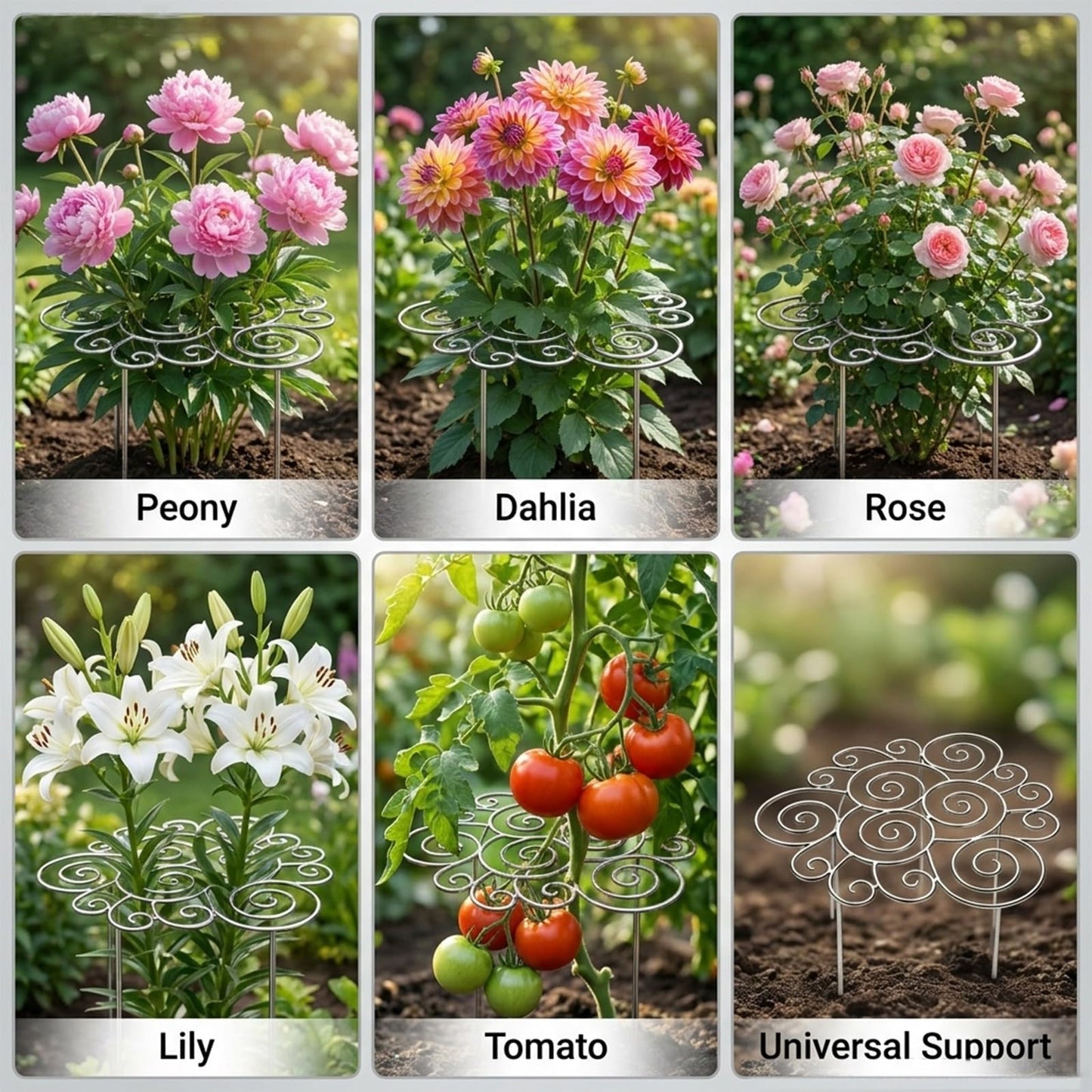 Frcychri Peonies Cages Supports, Heavy Duty Peony Plant Support Rings, Rustproof Silver Metal Grow Through Ring with 200PCS Plant Support Clips, Outdoor Indoor Pots Peony Gladiolus Tomato 1pcs,Medium