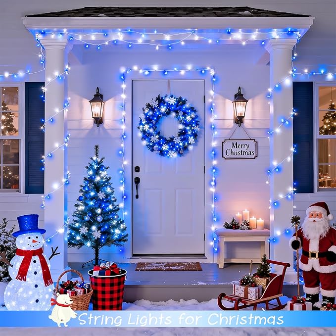 JMEXSUSS 2 Pack 100 LED Blue and White Christmas Lights, 33ft 8 Modes Christmas String Lights Indoor Outdoor, Clear Wire Plug in Twinkle Light for Xmas Bedroom Party Decorations