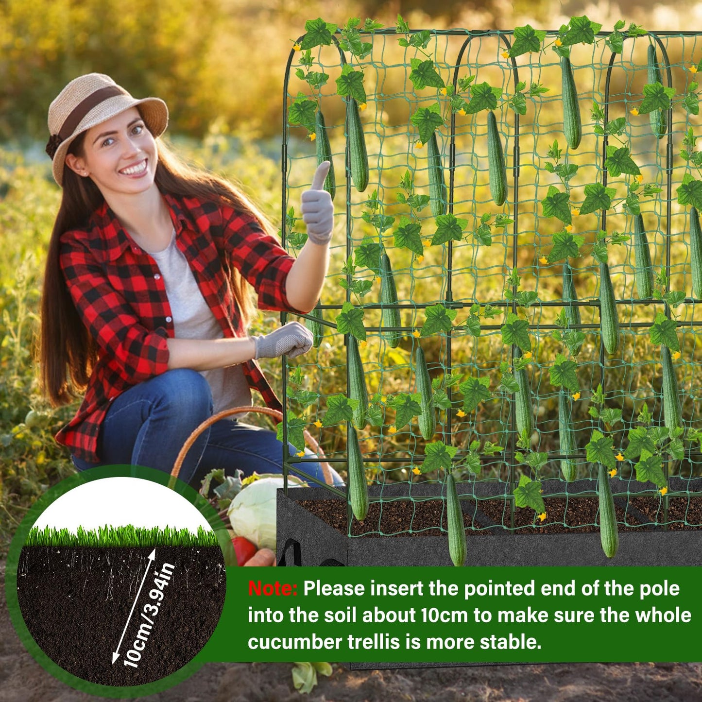 Cucumber Trellis for Climbing Plants Outdoors, U-Shape Large Garden Frame Trellis with Planter for Raised Bed Vegetable Fruit Grow Support,65 (H) x 50(L) inches, Includes Netting Ties Gardening Tools