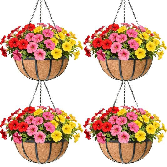 ZVOWOS 12 Inch Black Flat Iron Metal Hanging Planter Basket with Coco Coir Liner(4 Pack) Hanging Planters for Outdoor Plants Hanging Baskets for Plants Flower Pots for Deck Patio Porch Garden Balcony