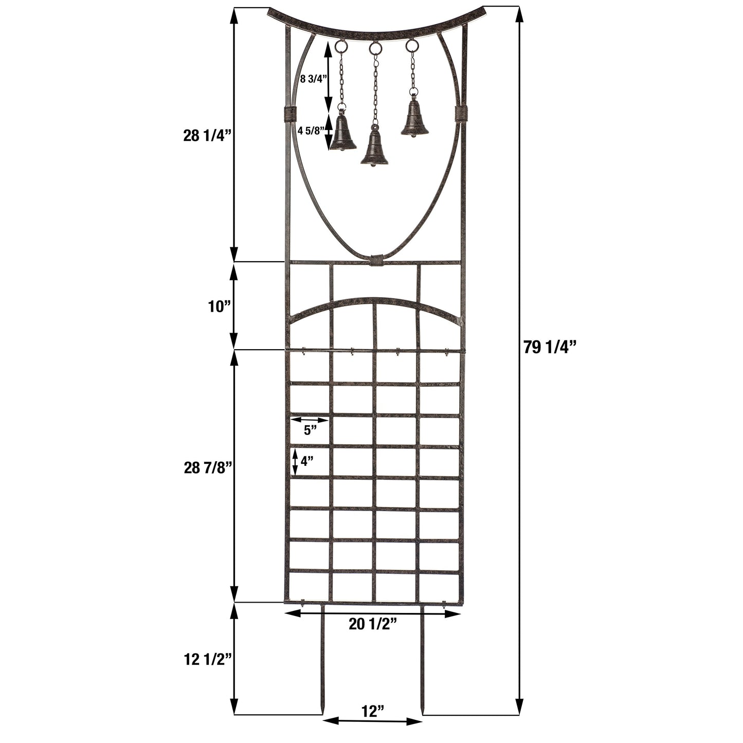 H Potter Bell Garden Trellis 67" Installed Height — 26-Lb Heavy Duty Iron Climbing Trellis with Decorative Bells — 79" Overall with Ground Spikes, Freestanding Outdoor Trellis