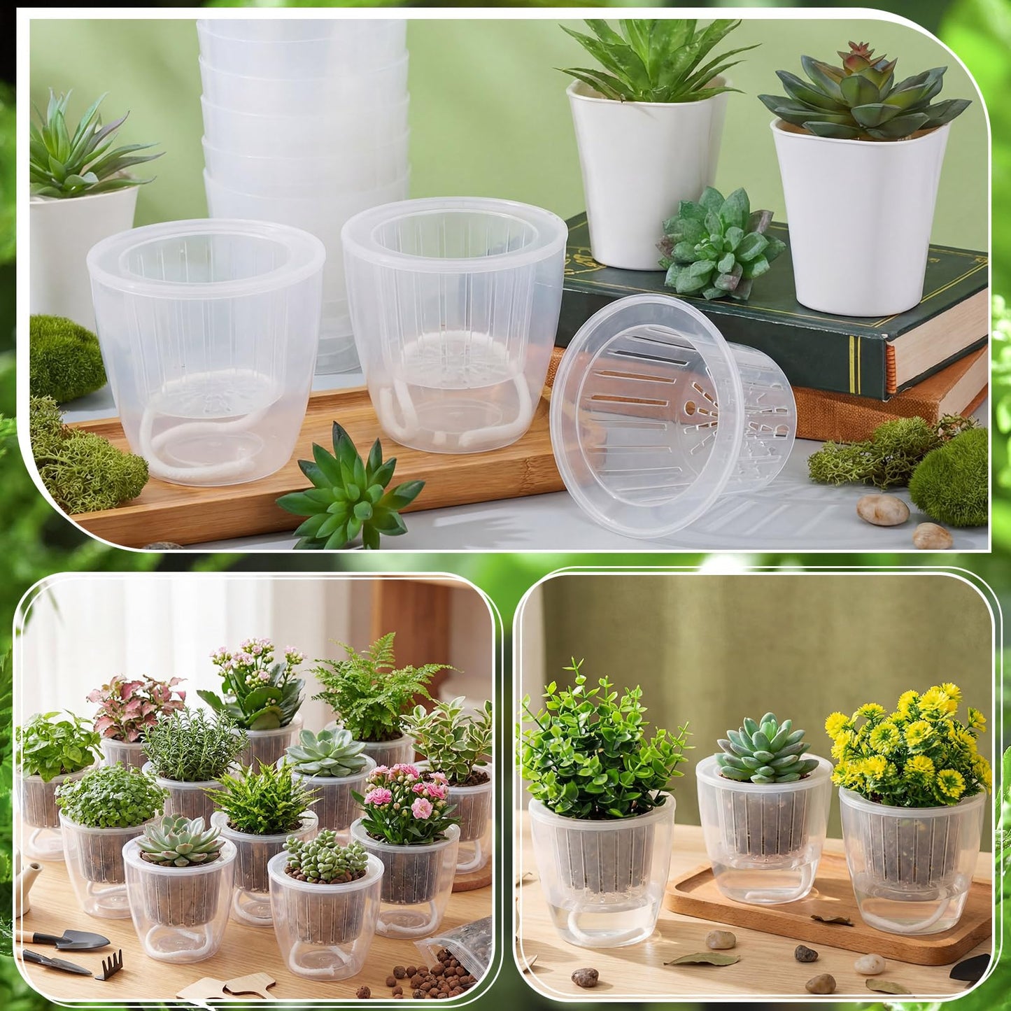 Ferrochef 36pcs Self Watering Pots 4.3 Inch Plastic Flower Plant Pot with Inner Pot Self Watering Wick Planter White Clear Flower Pots for Indoor House Plants Herbs, Flowers, Succulents (Transparent)