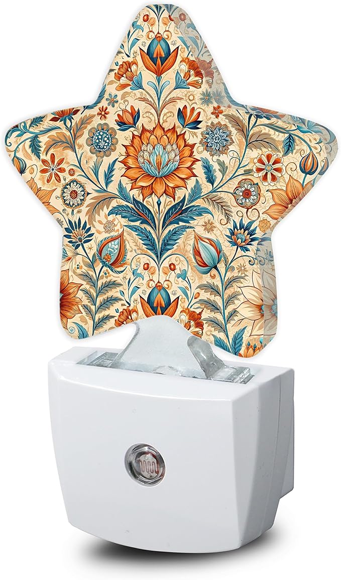 Vintage Floral Paisley Night Light,Retro Flower Plug-in Star Night Lights with Dusk-to-Dawn Sensor for Bedroom,Bathroom,Living Room Sleep Friendly Lamp for Women Girls Boys Gift,0.5W