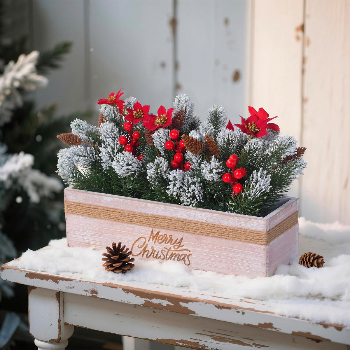 SVENJBB Christmas Table Centerpiece - Red Poinsettias, Snowy Norfolk Pine & Berries in Wooden Box