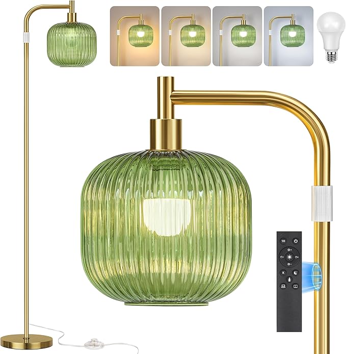 QiMH Glass Floor Lamp for Living Room, Modern Standing Lamp with Green Ribbed Glass Lampshade, Remote Control & Adjustable Height, 65” - 70”Tall Lamp for Bedroom Study Room, Brushed Gold