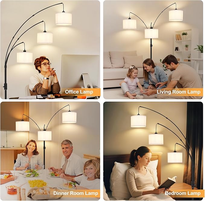 Dimmable Arc Floor Lamp-3 Lights Floor Lamps for Living Room,Modern Tall Standing Lamp with Beige Drum Shades&Heavy Base,Mid Century Tree Floor Lamp for Bedroom Corner Office,Bulbs Included