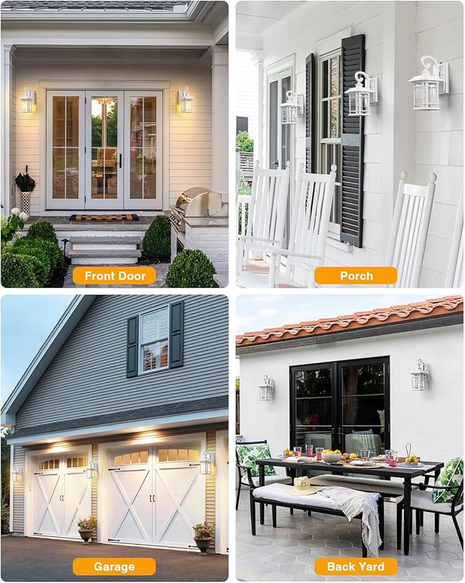 VIANIS White Exterior Lighting Fixtures, 2 Pack Porch Lights Outdoor, Outdoor Wall Lights Dusk to Dawn, Anti-Rust Outdoor Lighting for House, Porch, Garden, Doorway, Seed Tempered Glass