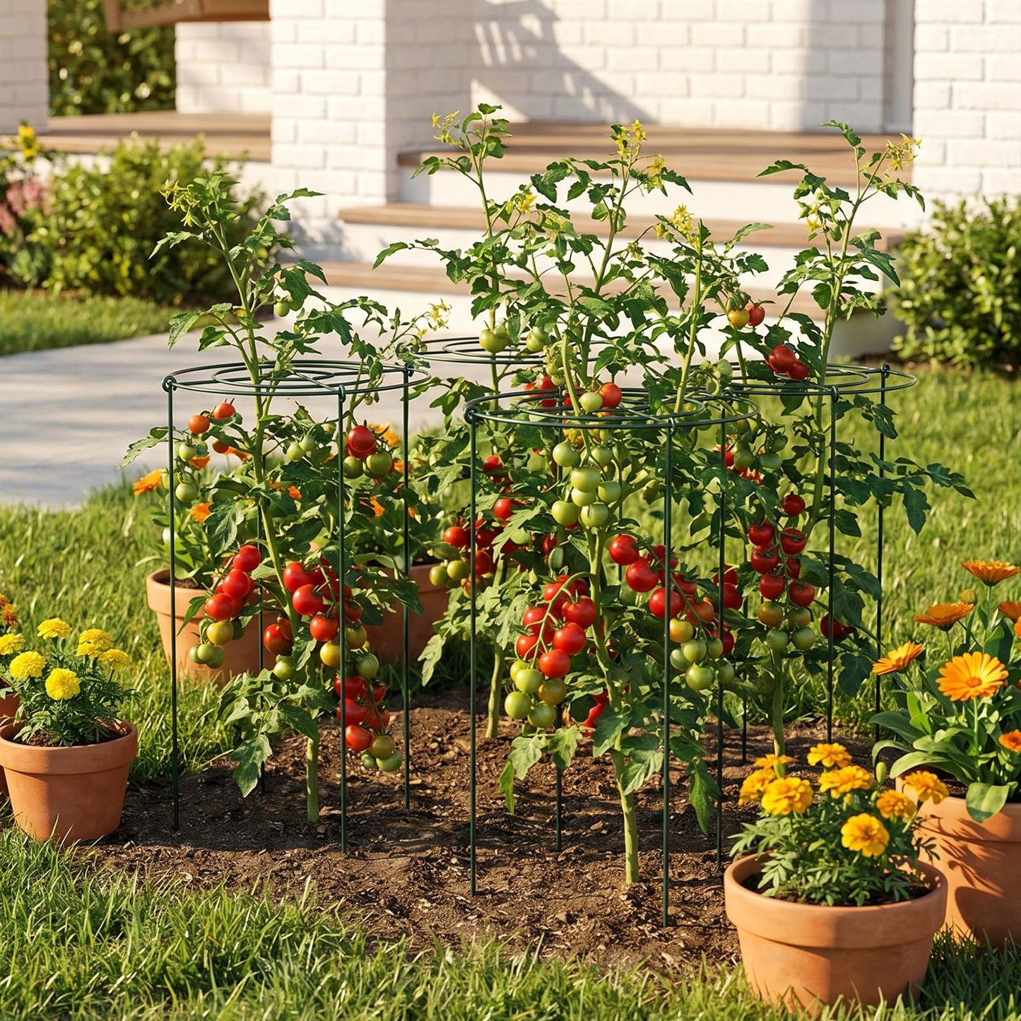 LIRAVENO Peony Cages and Supports - 8 Pack Plant Support Ring with 4 Legs 11.8" Dx17.7 H Round Potted Flower Grow Trellis Indoor Outdoor Garden Heavy Duty Metal Stakes for Rose Hydrangea Vegetables