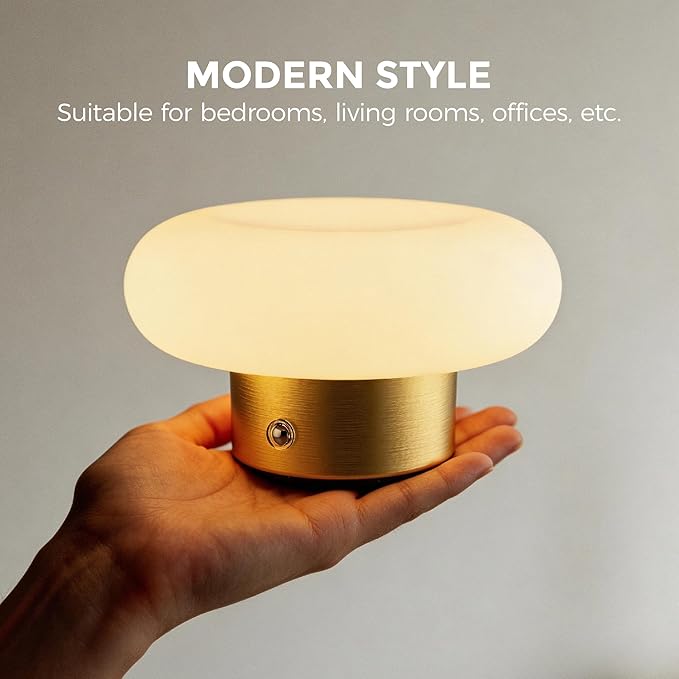 Cordless Table Lamp, Gold Rechargeable Battery Operated Lamp, Stepless Dimming Touch Lamp with Glass Lampshade for Bedroom, Living Room, Dining Table, Nightstand, Shelf Decor