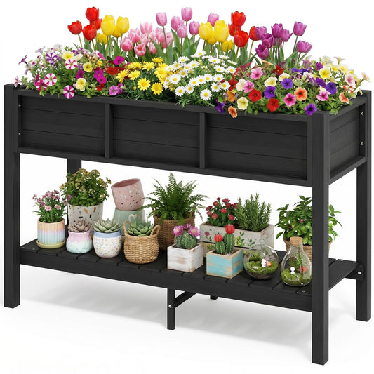 DWVO Raised Planter Box with Legs 48x18x30in Raised Garden Bed HDPE Poly Wood Weather-Resistant Elevated Garden Bed with Storage Shelf, Planter Boxes Outdoor for Patio Balcony Backyard, Black