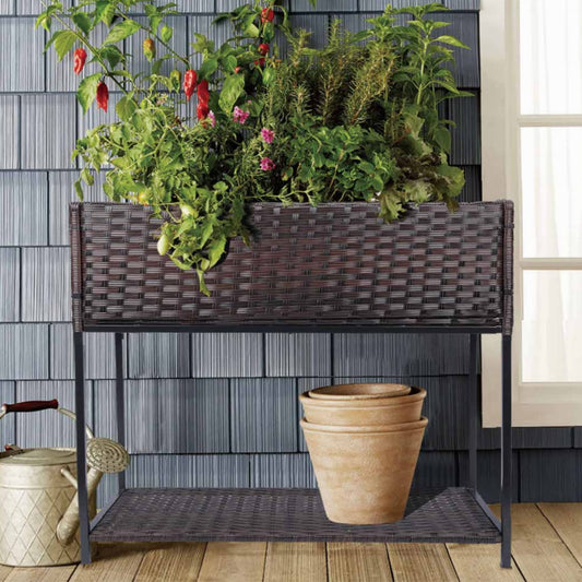 Chonsun Raised Garden Bed - 3x1.5x2.5 ft Rattan Raised Bed Wicker Elevated Raised Garden Bed with Underneath Tool Storage Rack Shelf, Outdoor Raised Flower Planter Box
