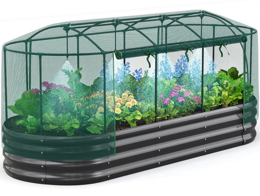 Quictent Galvanized Raised Garden Bed Kit with Self Watering System and Mesh Cover, Large Oval Metal Outdoor Planter Garden Boxes for Vegetables Herbs Flowers, 8x3x1Ft