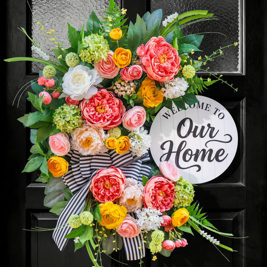 Spring Summer Wreaths for Front Door 24 Inch, Half Moon Wreath with Peony, Rose & Dalia, Outdoor Spring Wreaths for Front Door Outside, Summer Wreath for Front Door Farmhouse Welcome Sign Door Decor