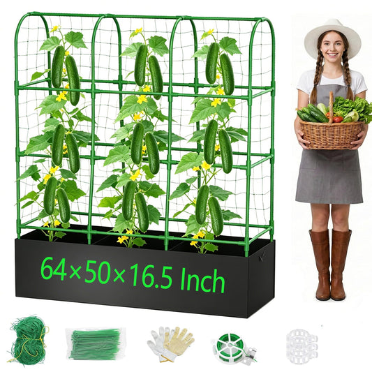 Cucumber Trellis with Grow Bag,63.8"×49.6"×16.5" Trellis for Climbing Plants Outdoor,U-Shape Reusable Metal Garden Arch Trellis with Net, for Fruit Flower Support for Pea, Grape Vine Type Plants