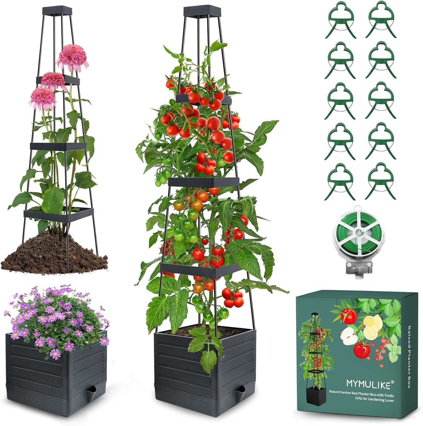 MYMULIKE Raised Garden Bed Tomato Planter with Trellis, 58" Tomato Cage for Climbing Vegetables Plant, Self Watering Pots for Indoor Plants Garden Pots Patio Greenhouse Indoor Outdoor