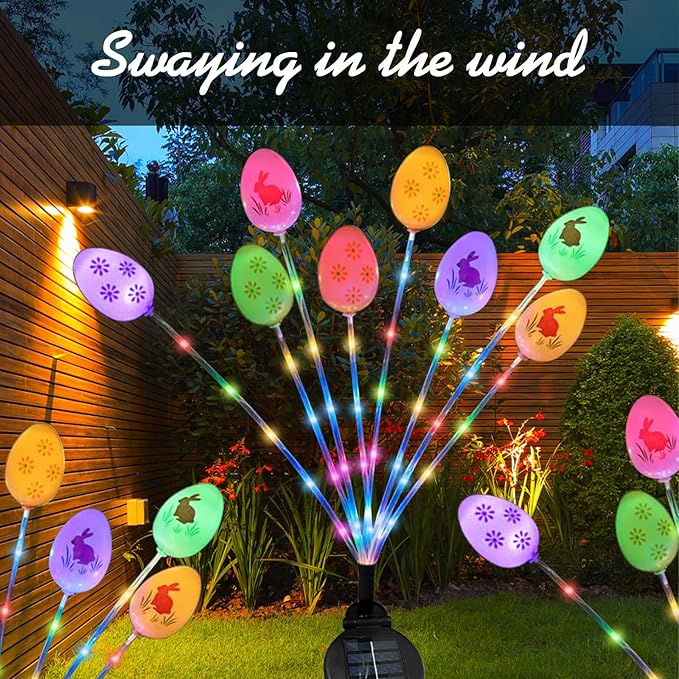 2 Pack Solar Easter Egg Light Outdoor Garden Pathway Solar Stake Light Colorful Eggs Swaying Firefly Light Waterproof Spring Yard Lawn Decor