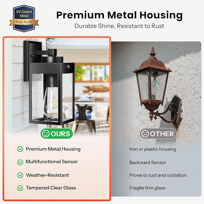 Gleamz 2-Pack Motion Sensor Exterior Light Fixtures Wall Mount for House, H 11'' Black Outdoor Sconce Light Lantern for Garage Coach Entryway, Modern Waterproof Porch Lights Outdoor Dusk to Dawn