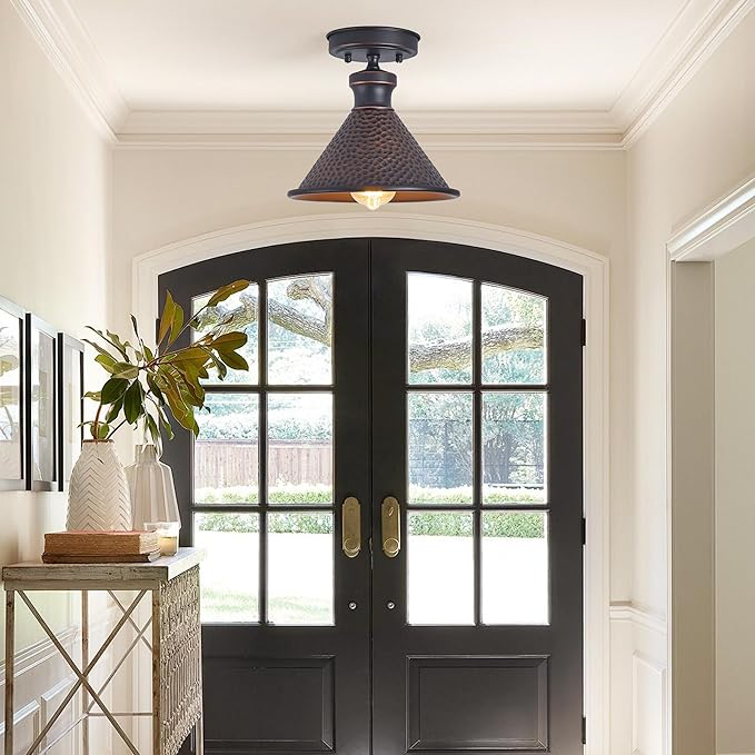 9.2" Industrial Semi Flush Mount Ceiling Light,Vintage Hammered Pattern Cast Aluminum Shade,1-Light E26 Classic Lamp,Oil Rubbed Bronze Farmhouse Lighting for Hallway Kitchen Entryway.