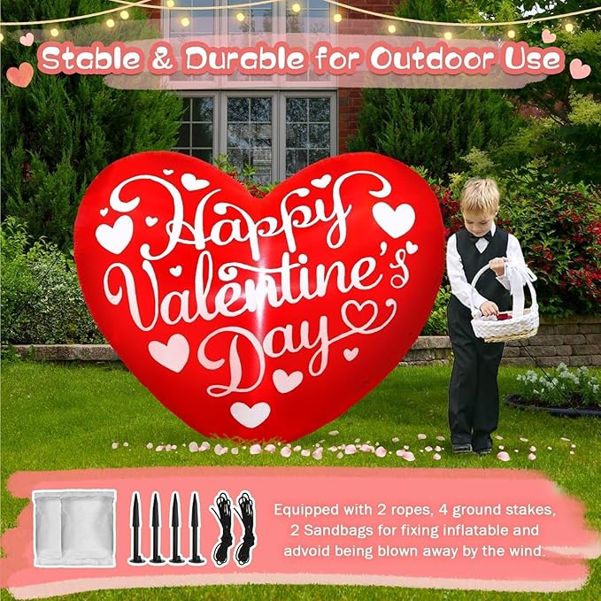 Valentines Inflatables Outdoor Decorations 5FT Long Love Heart Red Sweet Romantic Cute Blow up Yard Decoration LED Lights for Indoor Wedding Holiday Party Garden Lawn Décor