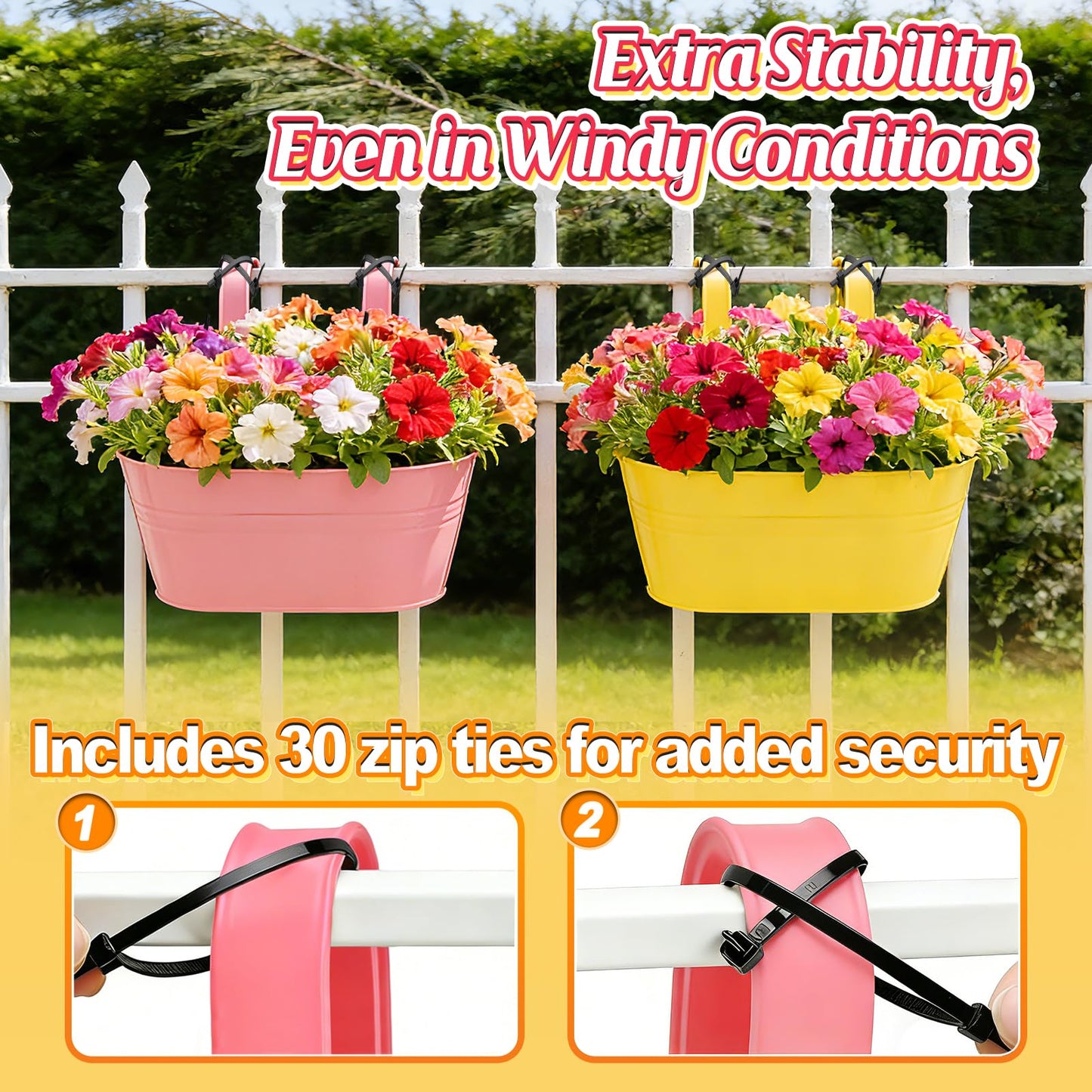 MADHOLLY Railing Planter with Drainage Holes - Sturdy Bucket Pots for Railing Fence, Countryside Style Metal Flower Pots for Herbs Balcony Garden Yard Decor, 4Pcs, Colorful