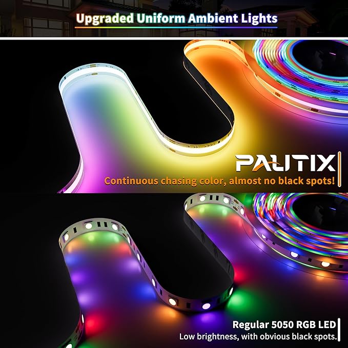 PAUTIX IP65 Waterproof RGB Smart IC COB LED Strip Light Addressable 16.4ft/5m,24V Color Flowing Strip Light Multicolor Flexible Tape Lights for TV,Room,Party DIY Decoration(Without Controller&Adapter)