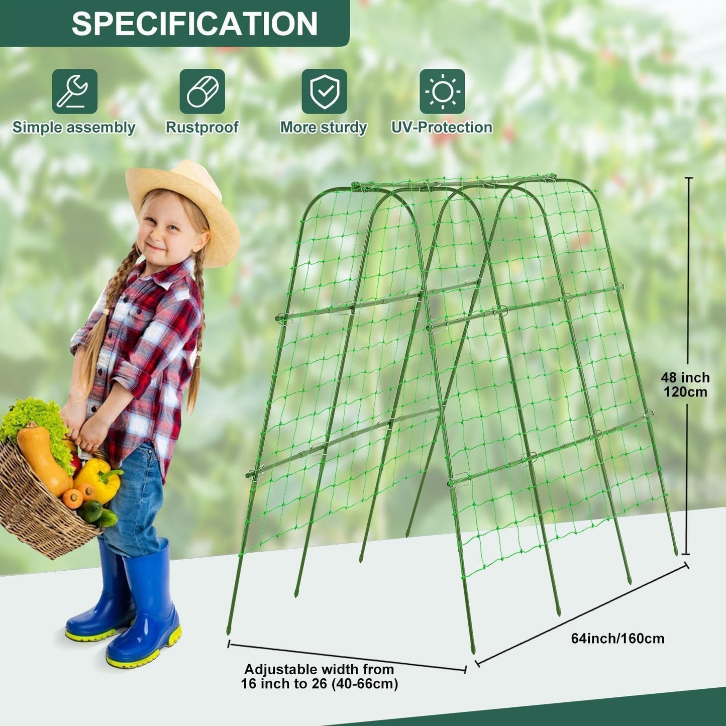FOLLOOK Outdoor Trellis for Climbing Plants Arch Tunnel U-Frame Trellis with Plant Support Clips for Grape Zucchini Plant Metal Tall, Green, MWM-11-U-120x160-GREEN