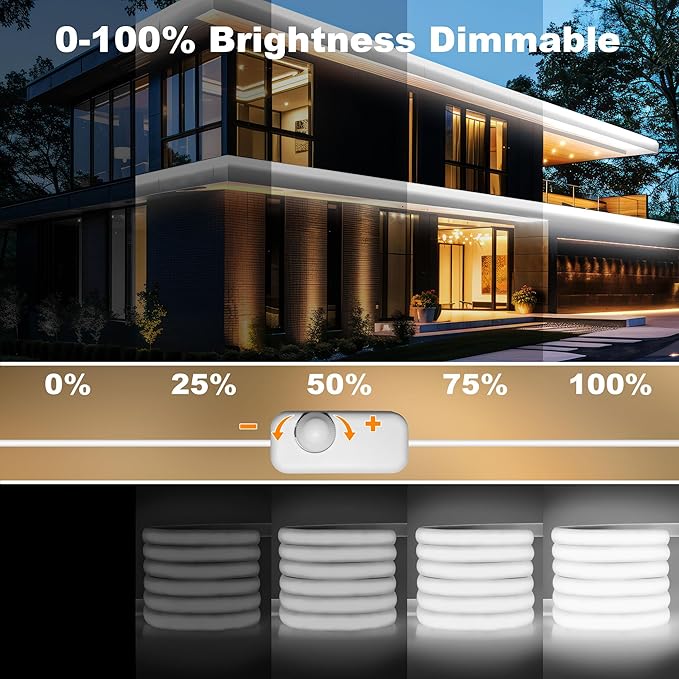 IP67 Waterproof COB LED Strip Lights AC 110V-120V Direct Plug, 66FT Super Bright Outdoor Strip Lights with Double Fuse Controller, 6500K White LED Strips for Garden Patio Commercial Decor