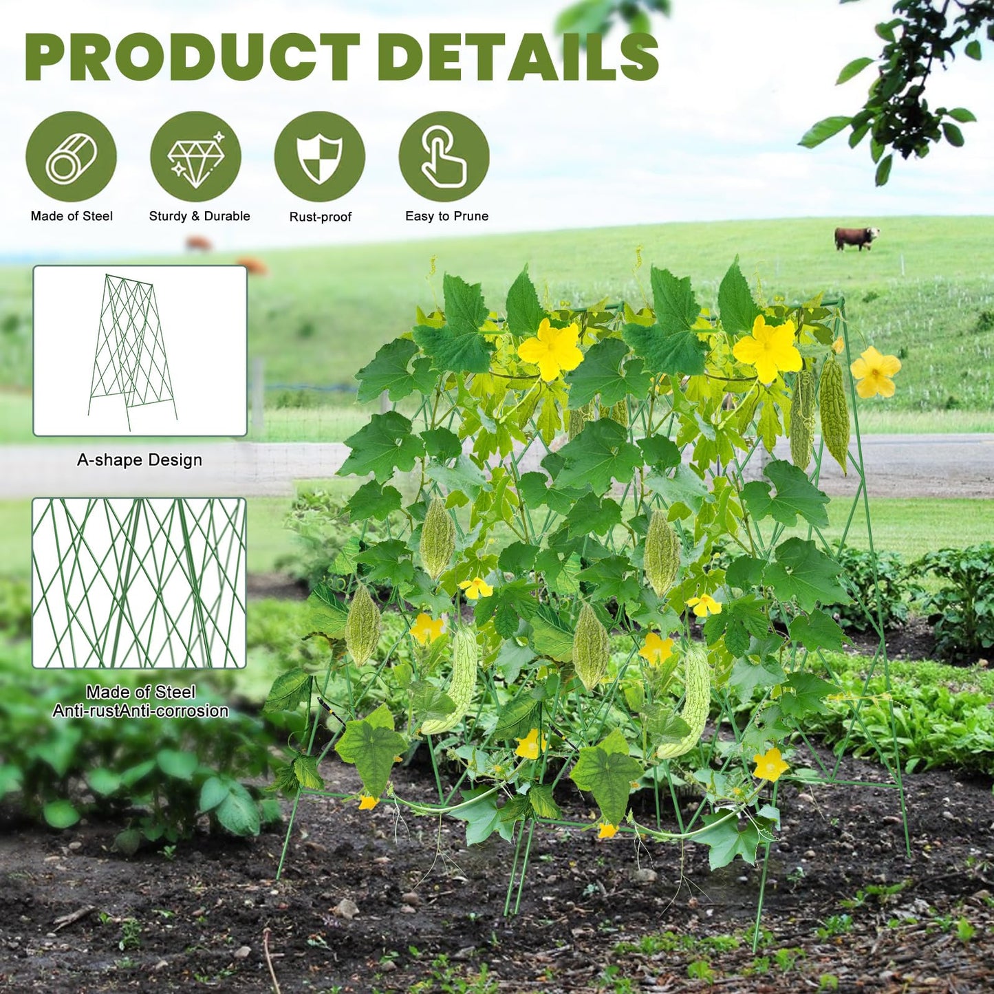 UrGROWA Cucumber Trellis 2 Pack, Foldable A-Frame Garden Trellis for Raised Bed Garden Grow Support with Plant Support Clips, Twist Ties, Plastic Ties, for Cucumber,Tomato, Climbing Plants and Flowers