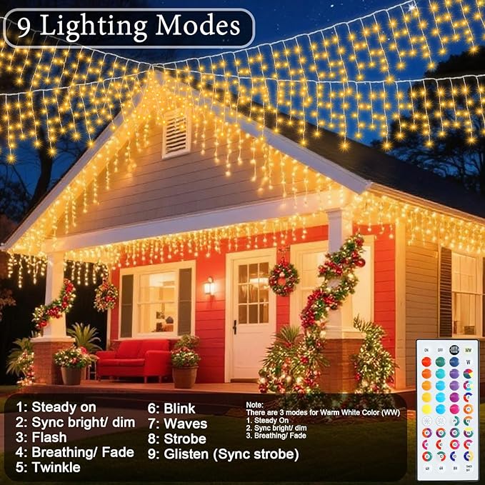 Pooqla Color Changing Icicle Lights with Remote, 35 Colors Christmas Icicle Lights, 300 LED 48FT RGB Waterproof Hanging String Lights for Roof Window Home Party Easter Outdoor Decor