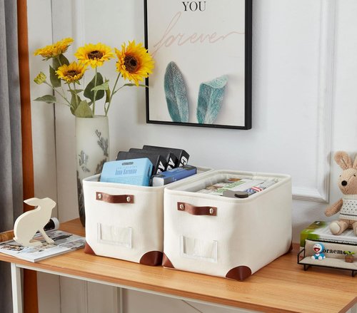 DECOMOMO White Storage Bins - Fabric Baskets for Shelves & Linen Closet Organization | Large 3-Pack with Label Holder