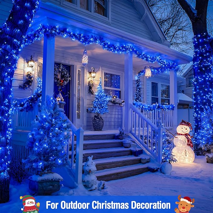 JMEXSUSS 600 Blue LED Christmas Lights Outdoor Waterproof 168ft Blue String Tree Lights Indoor Plug in 8 Modes for Bedroom Fireplace Halloween Party Xmas Christmas Decorations