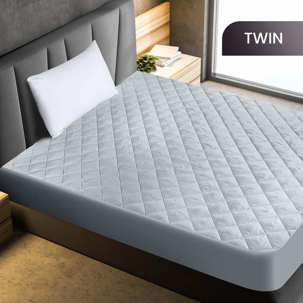 Utopia Bedding Quilted Fitted Mattress Pad - Twin Size, Deep Pocket Protector, Machine Washable | Light Grey